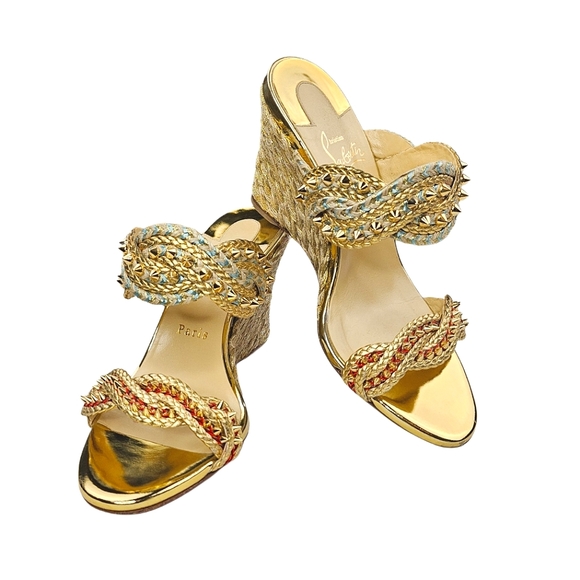 CHRISTIAN LOUBOUTIN Braided Gold-Studded Leather Wedge Sandals - Picture 3 of 13